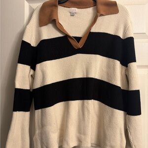 a new day Black and Cream V-Neck Sweater with Tan Collar